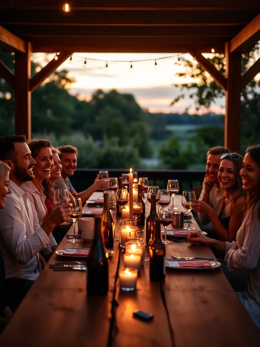 Friends laughing around a candlelit table at dusk