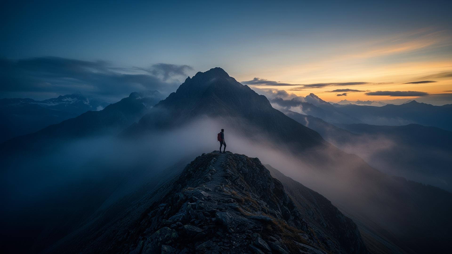 Lone trekker on a misty mountain ridge at dawn